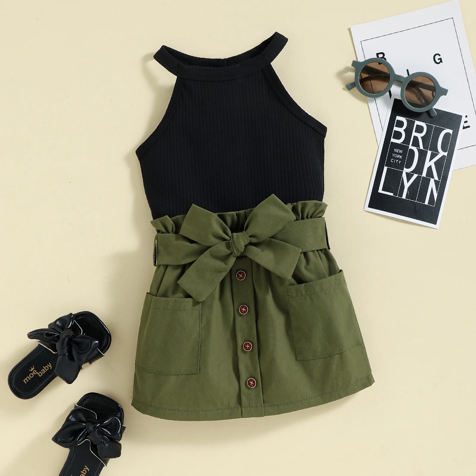 

Infant Summer Outfits Baby Girl Clothes Toddler Solid Ribbed Sleeveless Halterneck Top + Bow Skirt 2pcs Set Children Clothing