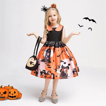 Kids Witch Costume Halloween Cosplay Dress Cartoon Pumpkin Ghost Pattern Dress Masquerade Carnival Party Dress Up Girls Clothes 1