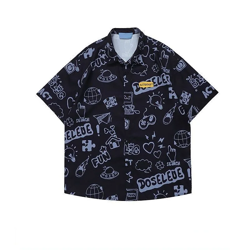 Fashion Original Print Loose Beach Short Sleeve Shirt Male Summer Outdoor Street Versatile Men And Women Flower Shirt A3408