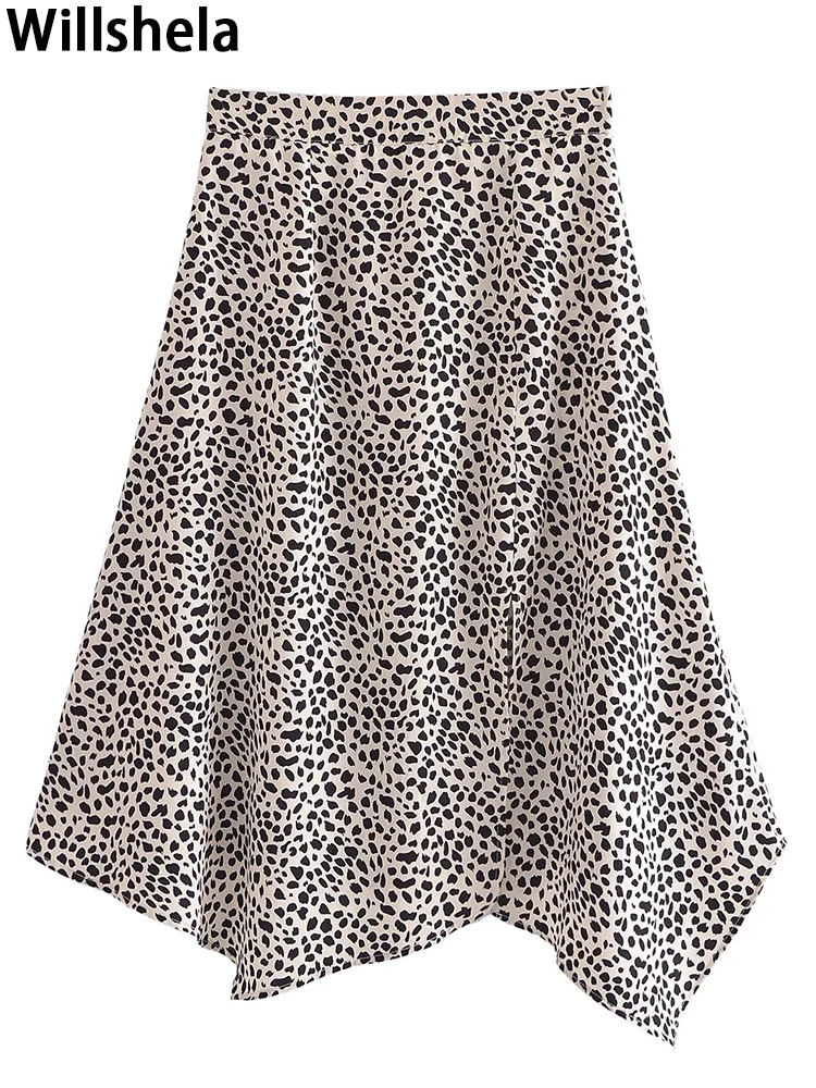 

Willshela Women Fashion Leopard Printed Side Slit Midi Skirts Vintage High Waist Back Zipper Female Chic Lady Streetwear Skirt