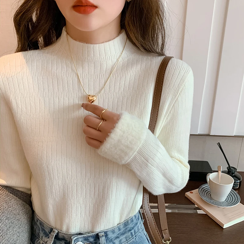 

2023 Autumn Winter Warm Women Half Turtleneck Long Sleeve Thick Sweater Pullover Jumper New Fashion Casual Knitted Sweater 29477