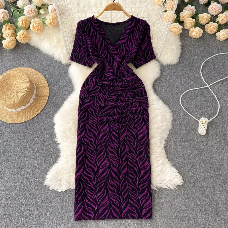 

Женское платье с V-образным вырезом, элегантное облегающее плиссированное платье с коротким рукавом, Привлекательное платье с разрезом и су...