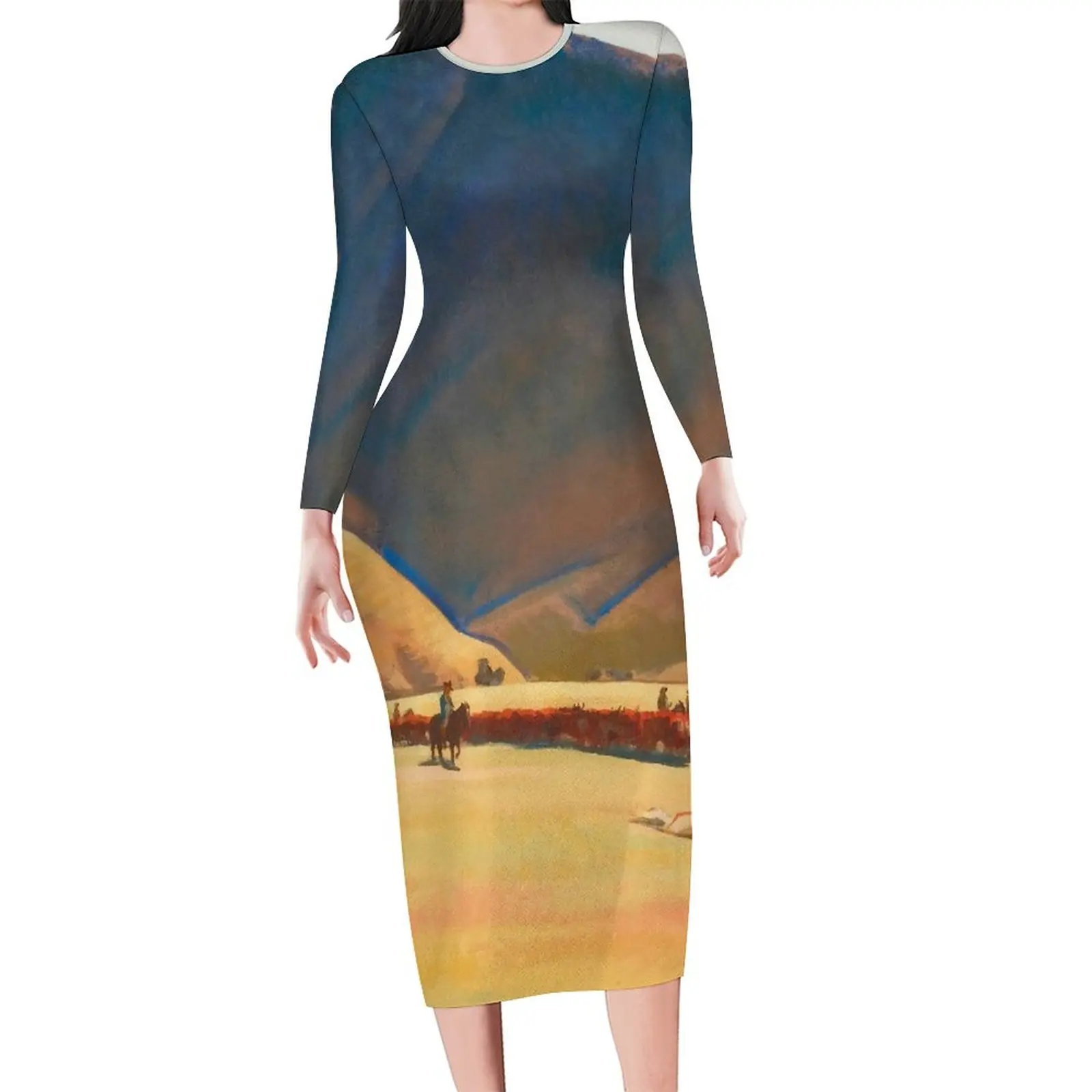 

Облегающее платье с принтом в виде пустыни, весенние пикантные платья Maynard Dixon, женское модное уличное платье с длинным рукавом, 3XL, 4XL, 5XL