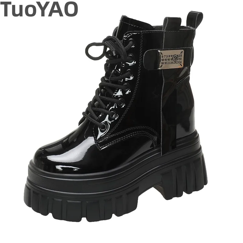 

Women's High Platform Motorcycles Boots Winter 10CM Wedge Heels Warm Ankle Boots Chunky Sneakers New Autumn Leather Shoes Woman