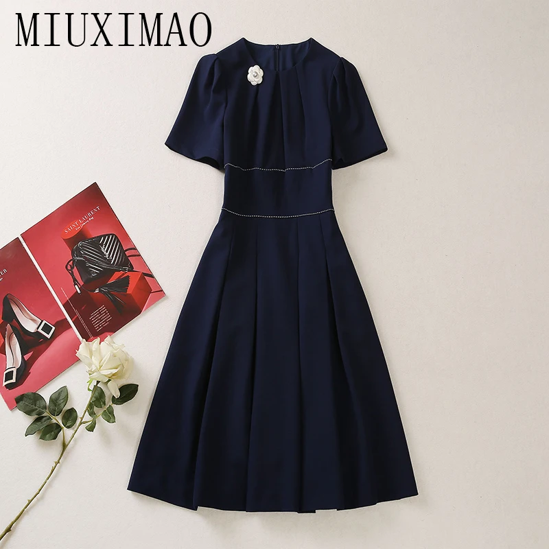 MIUXIMAO 2023 High Quality Spring&Summer Elegant Dress Short Sleeve O-Neck Solid Fashion Knee Length Dress Women Vestides