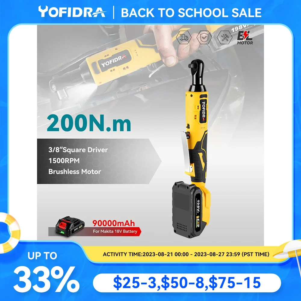 Yofidra 3/8 Inch Electric Ratchet Wrench Rechargeable Removal Screw Nut 200N.M Car Repair Tool For Makita 18V Battery