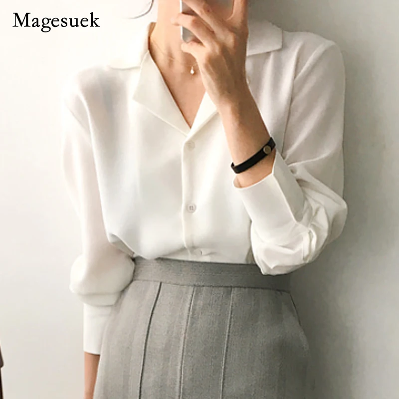 

2021 Vintage Long Sleeve Women Shirts Clothes Solid White Chiffon Blouse Tops Spring Cardigan Women Blouses Blusas Mujer 9379 50