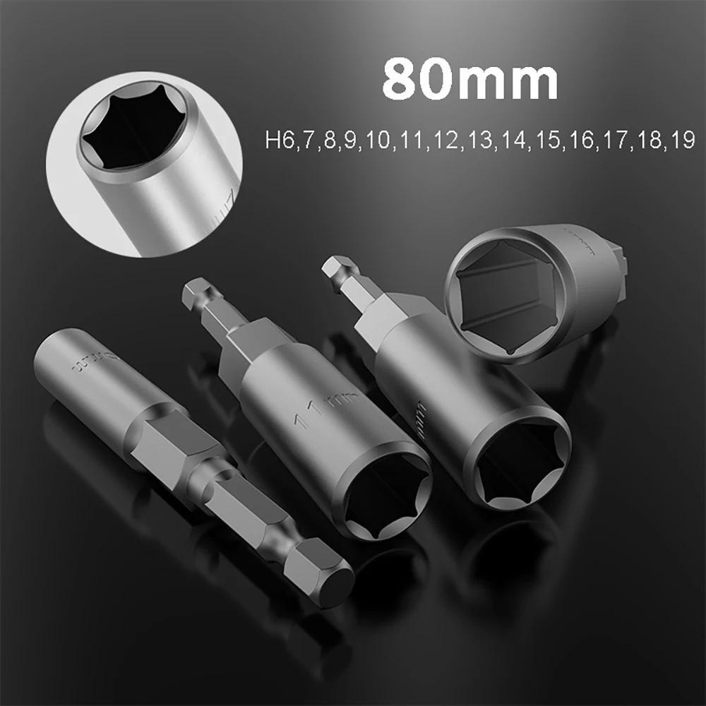 Impact Socket Adapter 80mm H6 H7 H8 H9 H10 H11 H12 H13 H14 H15 H16 H17 H18 H19 Deepen Hex Nut Driver Drill Bit 6.35 Hex Shank