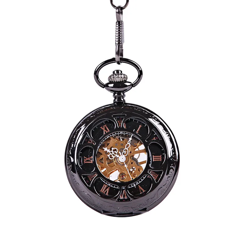 Luxury Black Mechanical Pocket Watch for Men Women Hollow Skeleton Case Roman Numeral Dial Fob Chain Pendant Clock Collection