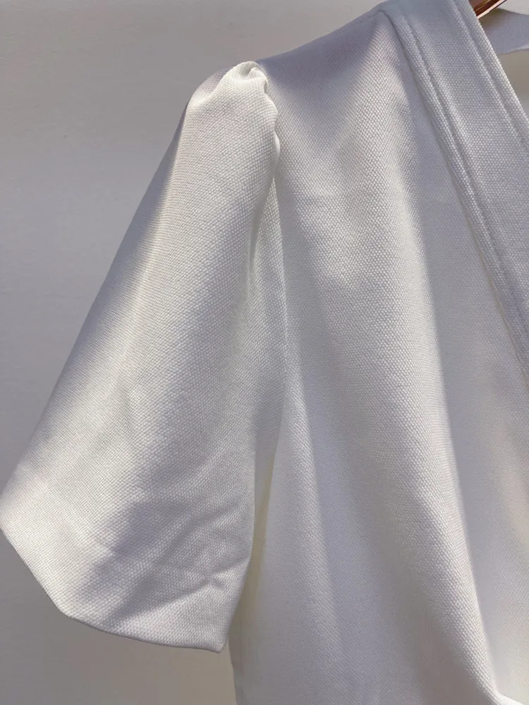 White Ruffles Dress Women's Slim Ruffles Pleated V-neck Short Sleeve Single Breasted Mini Robe for Female
