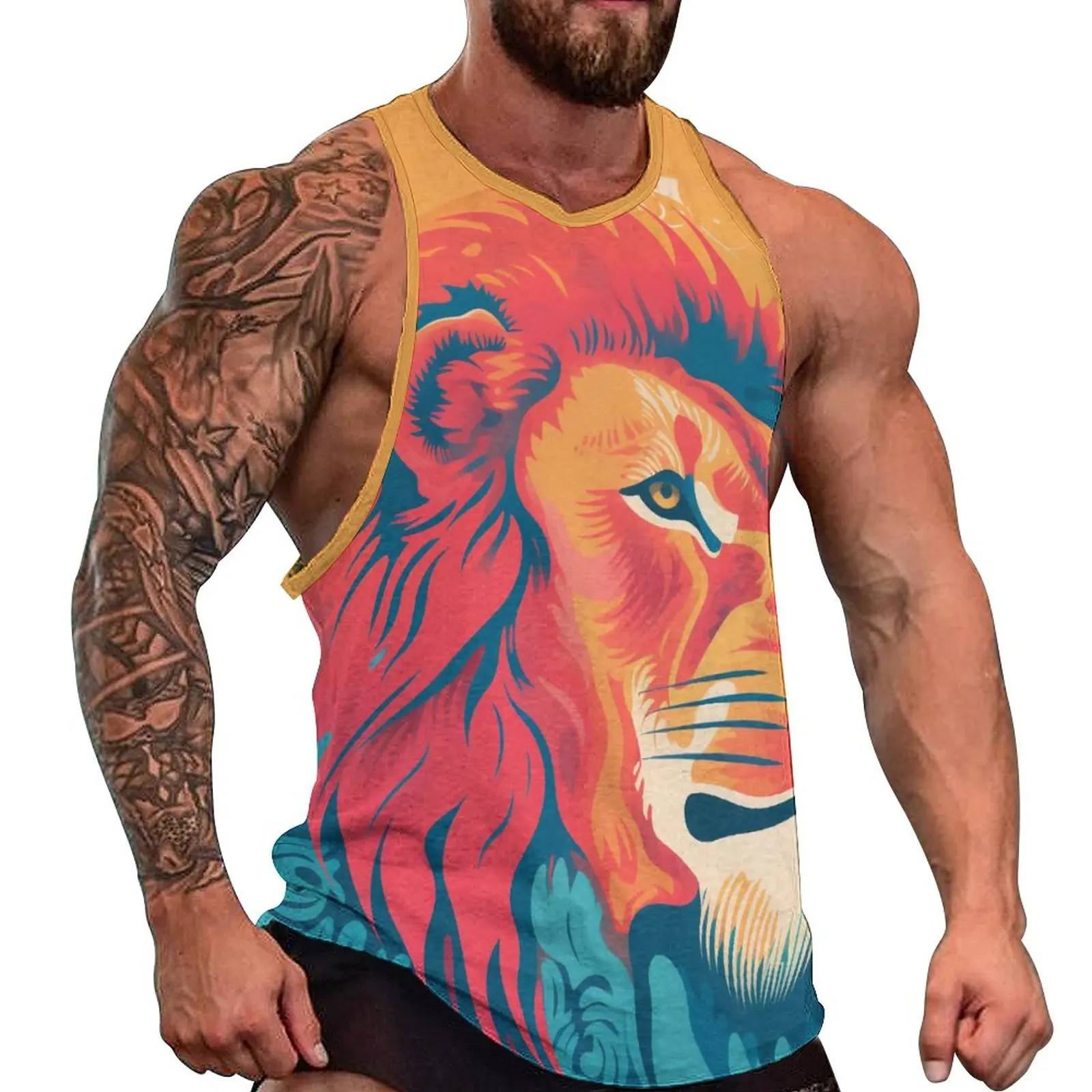 

Lion Tank Top Men Neo Fauvism Gym Oversize Tops Summer Muscle Graphic Sleeveless Vests