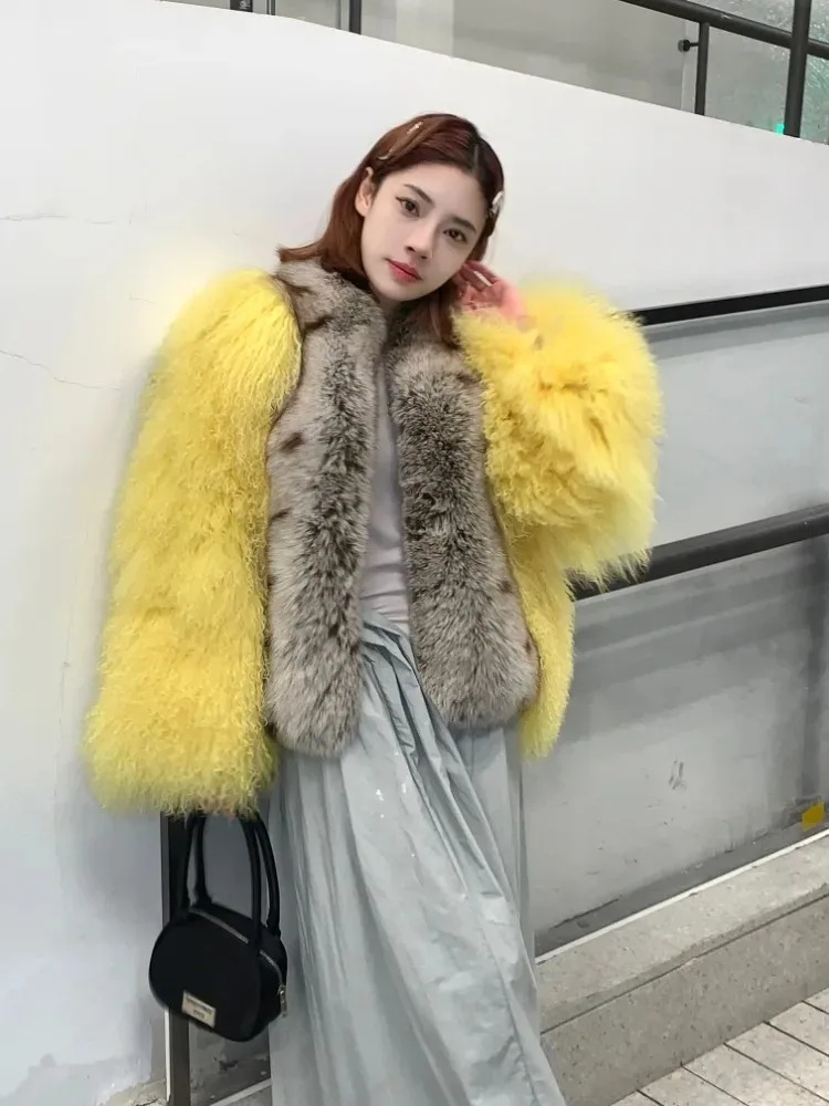 Женское шерстяное короткое пальто роскошное пляжное из монгольской овечьей