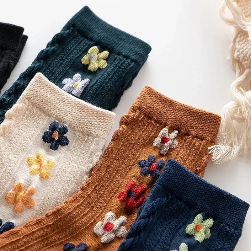 Yasuk Autumn Winter Women's Fashion Solid Cute Flower Casual Comfortable Heigh Tube Stocking Pile Loose Socks 5Pcs