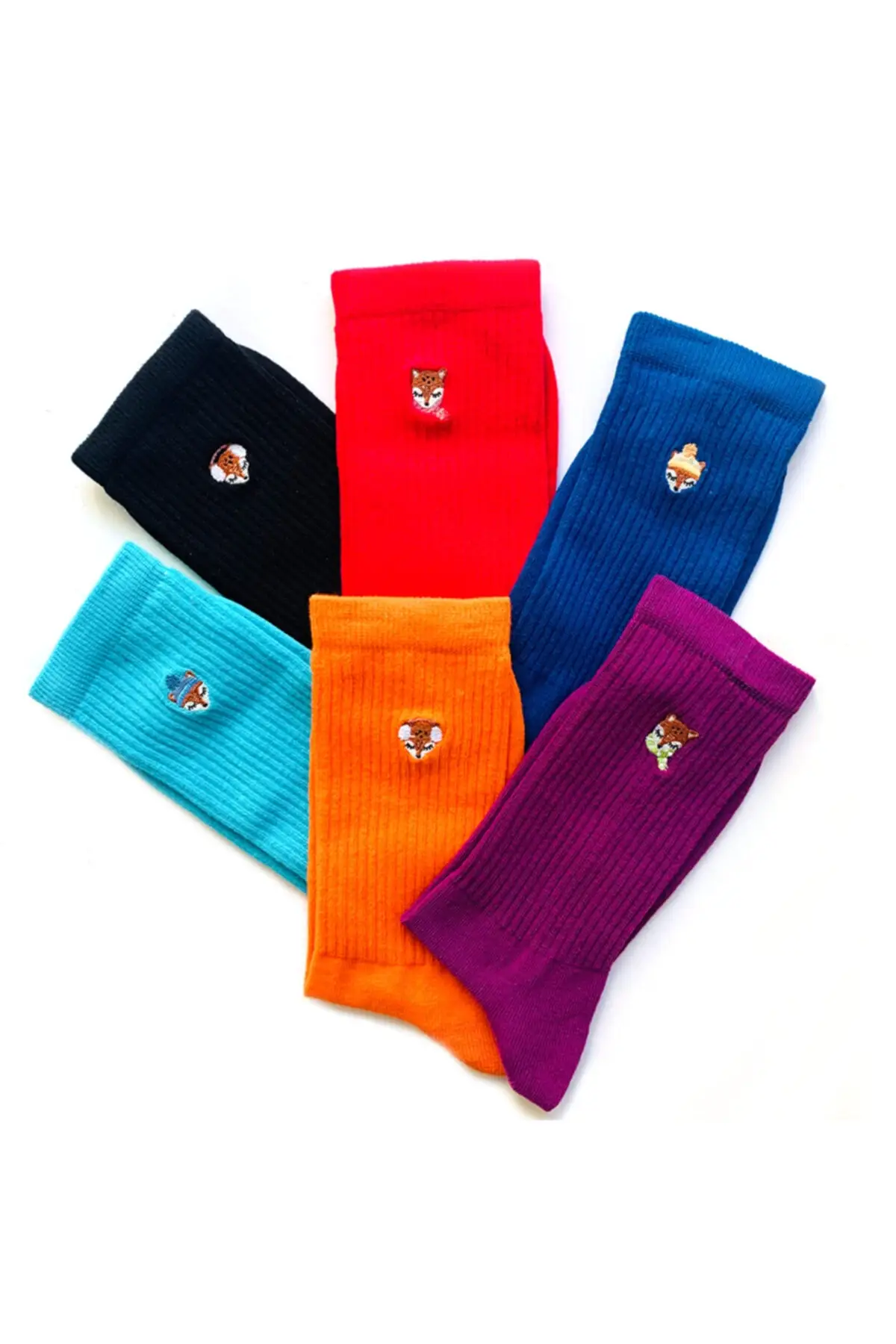 6-Piece Fox Designed Colorful Patterned Socks Box | Women's & Men's Clothing | Trendy & Cool