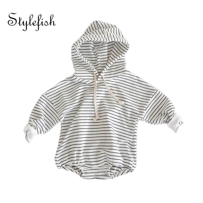 ins2022 autumn and winter baby boys baby girls' rompers children's thin stripe hooded sweater jumpsuit climbing clothes