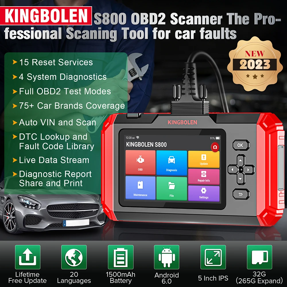 

KINGBOLEN S800 OBD2 Scanner 4 Systems Car Diagnostic Tools ABS SRS ECM TCM 15 Resets Oil Brake SAS ETS Resets Lifetime Free Use
