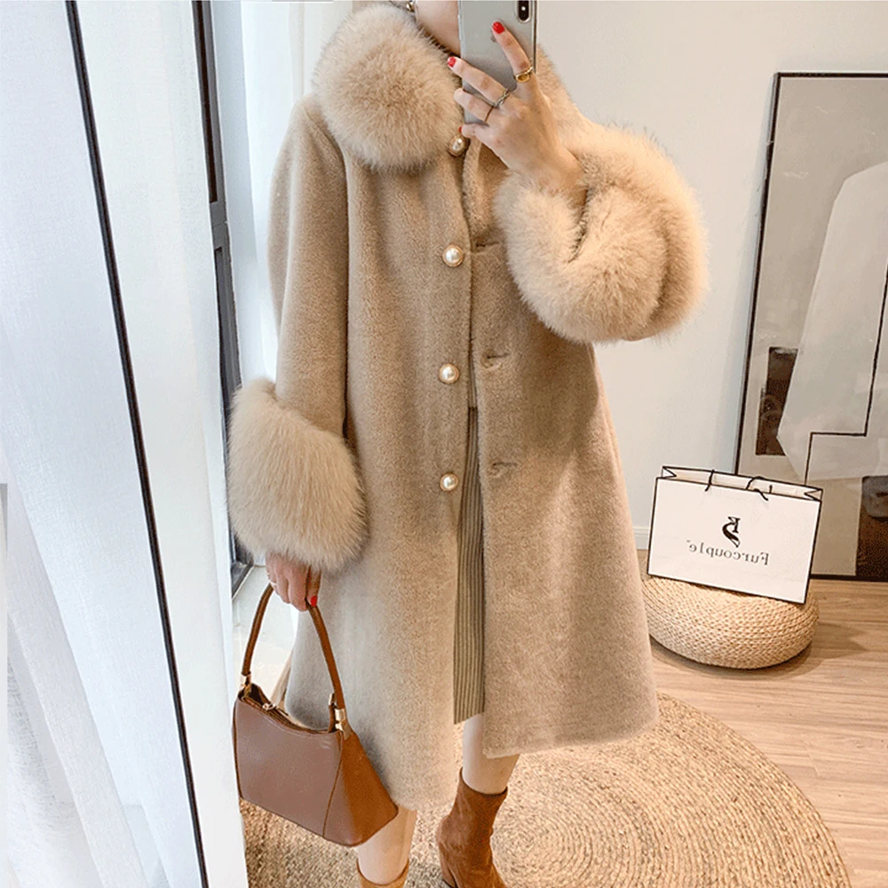 FURYOUME Winter Women Real Fur Coat Long Casual Jacket Sheep Shearing Wool Blends Fox Fur Collar Streetwear Thick Warm Outerwear