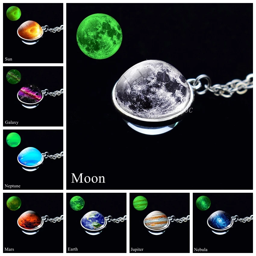 Glow In The Dark Galaxy Necklace Planet Pendant Universe Jewelry Solar System Moon Earth Double Side GlassBall Luminous Necklace
