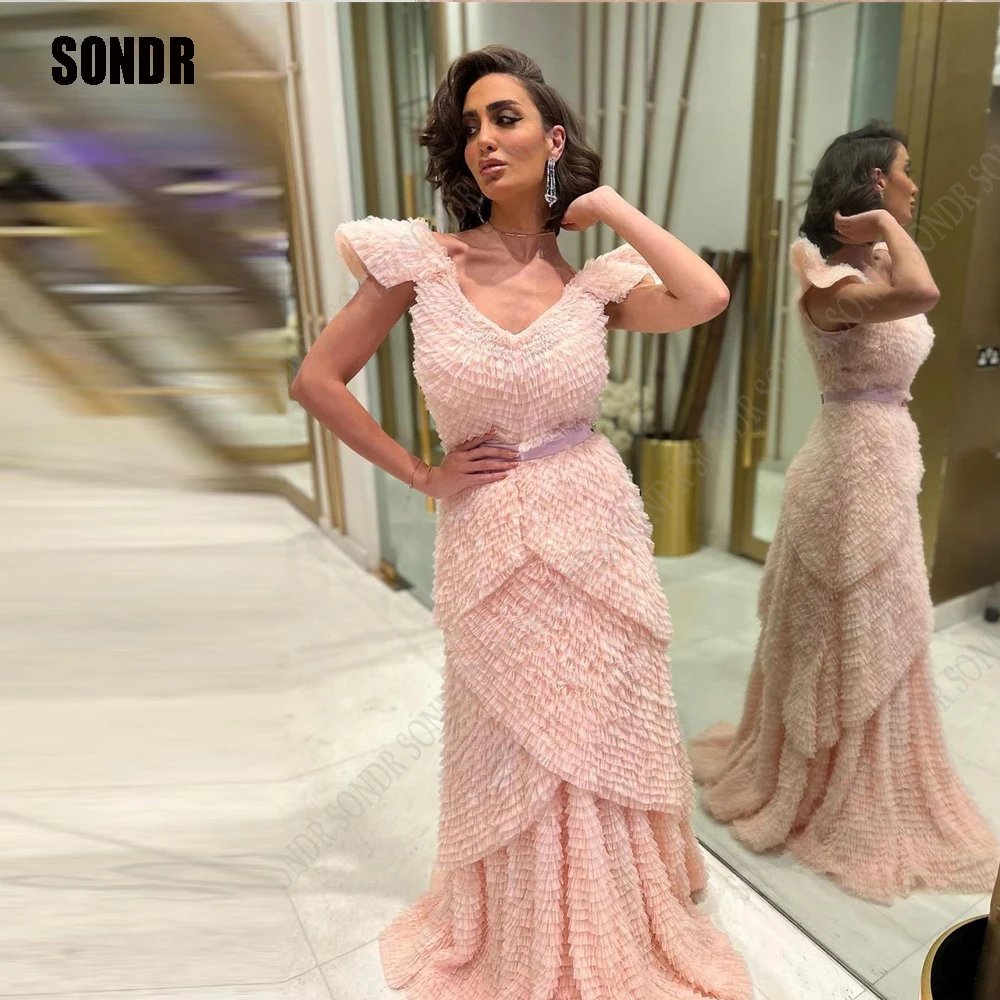 

SONDR Pink A Line Tiered Tulle Evening Dresses V Neck Sleeveless Custom Prom Gowns Formal Celebrity Dress Dubai Arabic