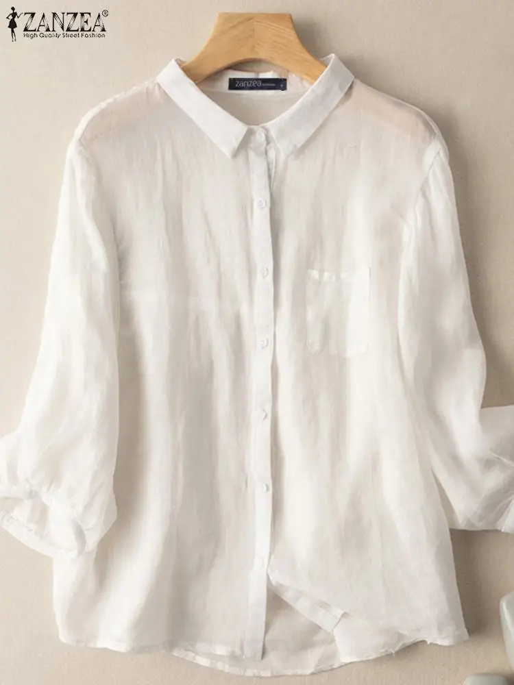 

Модная летняя рубашка ZANZEA, женская блузка с отложным воротником и рукавом 3/4, повседневная однотонная туника, топы, женские рабочие блузы на пуговицах, рубашка
