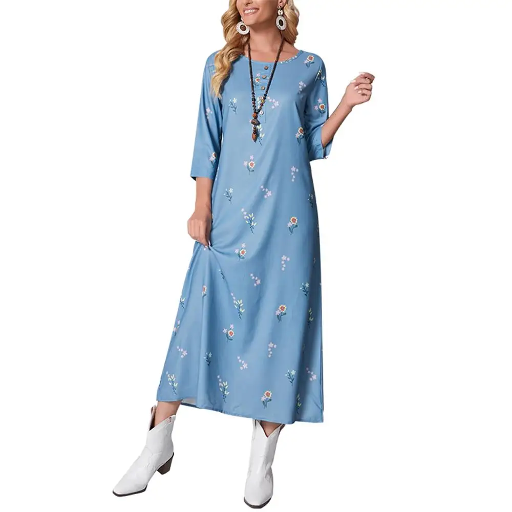 

2022 Spring Pastoral Style Printed Temperament Loose Waist Blue Casual Cotton Bottoming Long Dress Women