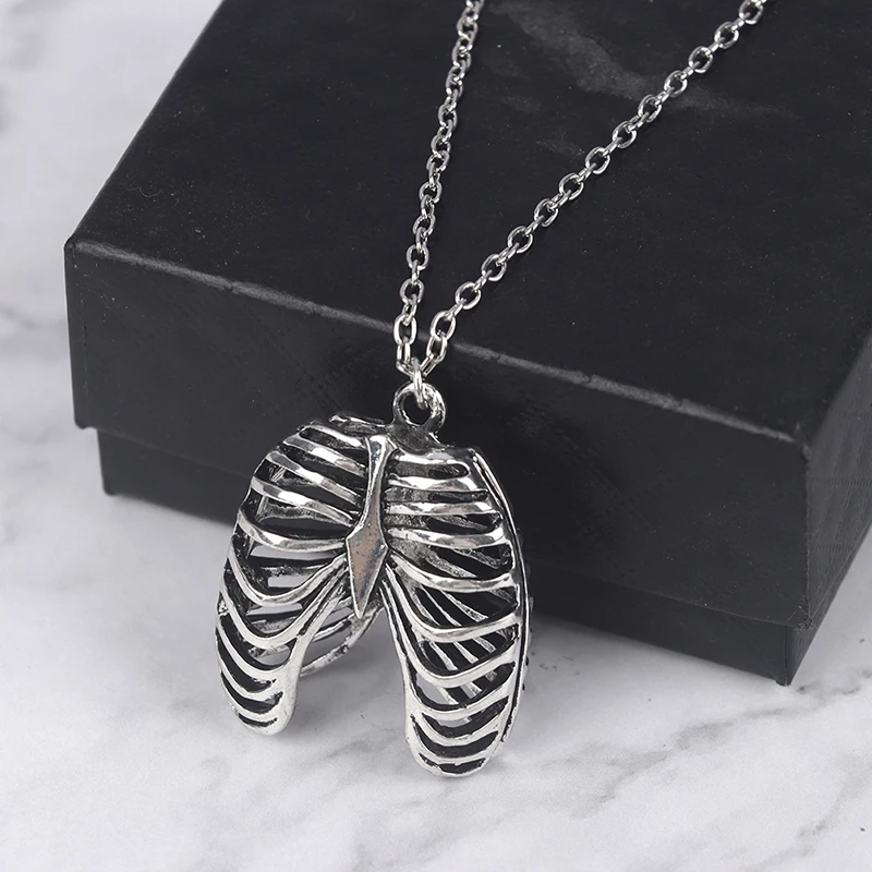 

Gothic Vinage Old Silver Color Rib Cage Necklace Anatomical Skeleton Heart Goth Punk Unique Retro Pendant Necklace For Men Women