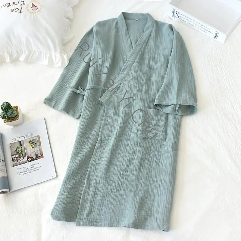 100% Cotton Crepe Robes Women Thin Japanese Kimono Bathrobe Solid Half Pijamas Sleep Tops Loose and Soft Dressing Gown Autumn