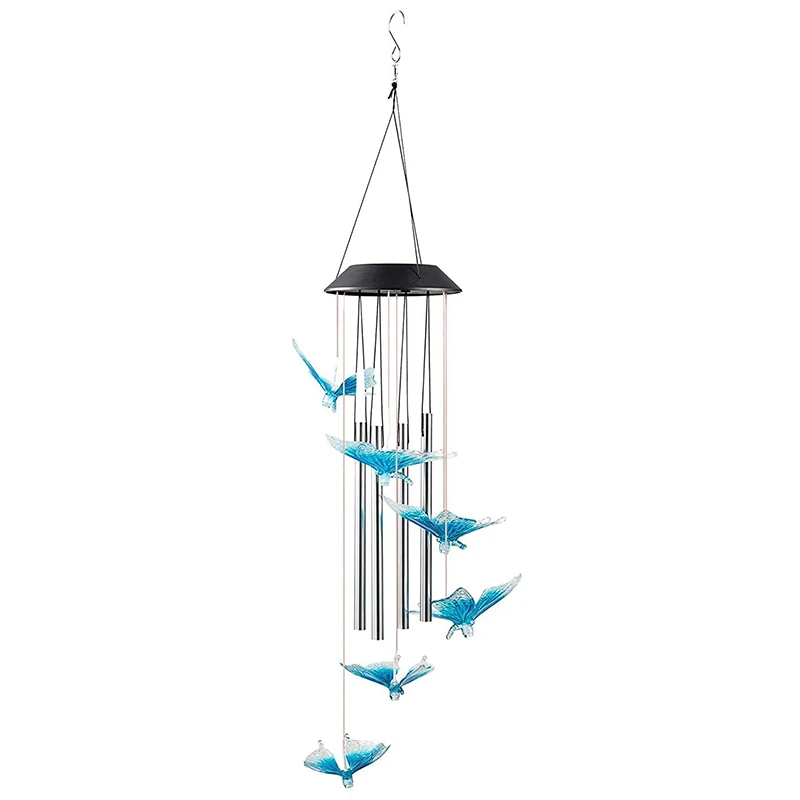 

Ветряные колокольчики на солнечной батарее с синей бабочкой для улицы-с 4 музыкальными алюминиевыми трубками, светодиодные ветряные колоко...