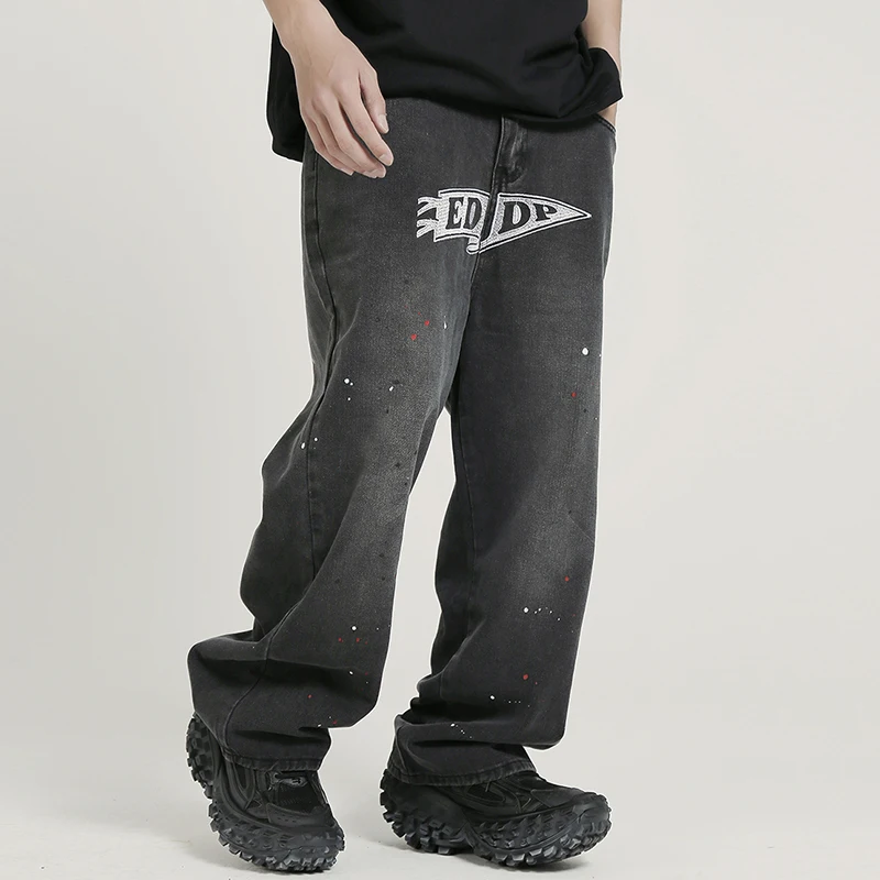 

Harajuku Ink Painted Streetwear Washed Retro Mens Jeans Trousers Wide Leg Loose Hip Hop Straight Casual Denim Pants