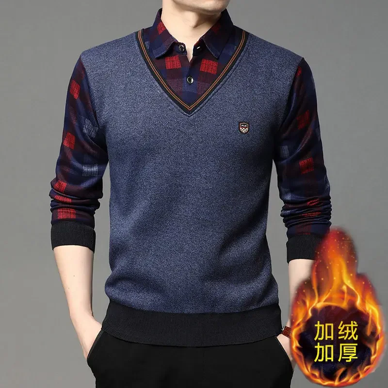 Мужской трикотажный свитер с воротником и флисовой подкладкой размеры до 4XL