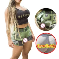 woman big ass open crotch shorts camouflage mini panties for outdoor sex game double zipper printed pattern pants sport costume