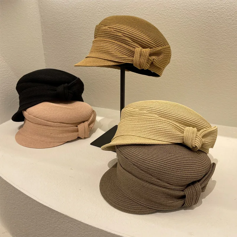 

202202-lulu japan design summer natural plant fiber paper side bowknot lady newsboy cap leisure Octagonal hat women visors cap
