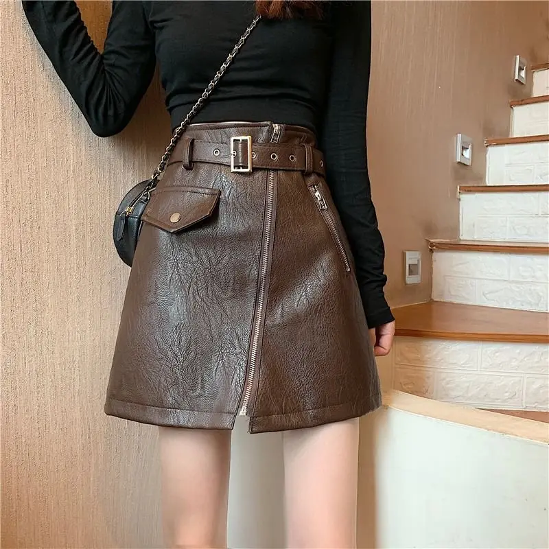 

Stylish PU Leather Mini Skirts with Belt Autumn Winter New Women High Waist Irregular Front Zipper Slit Bodycon Skirts X82
