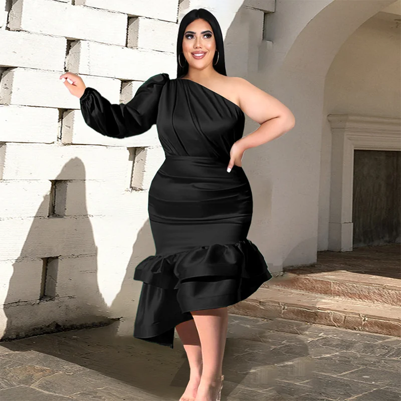 2023 Plus Size 3XL4XL Satin Bodycom Dark Green Prom Party Dating Dress Off Shoulder Bag Hip Slim Sexy Satin Plus Size Dress