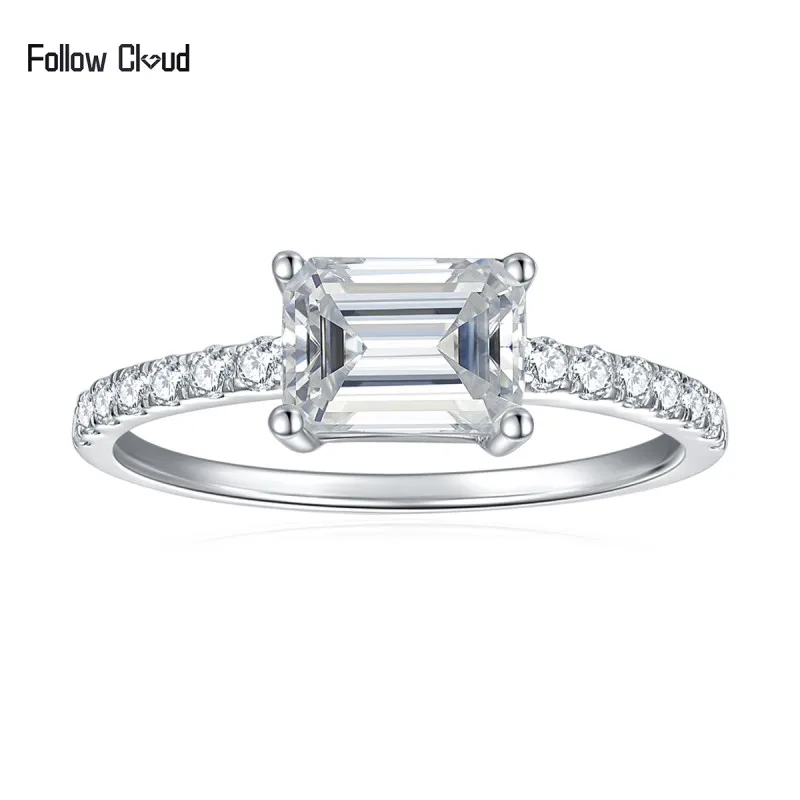 

Follow Cloud Emerald Cut 2ct Moissanite Diamond Ring for Women Sparkly Halo Engagement Wedding Band Platinum Plated 925 Silver