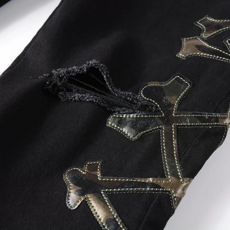 Men's Distressed Black Brand Skinny Stretch High Streetwear Fashion Slim Fit Blank Bones Patches Ripped Jeans