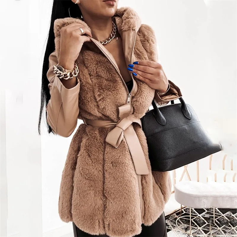 Women Fashion Slim Hooded Jackets Warm Rabbit Faux Fur Coats Winter Women Elegant Tie Belt Leather Fur Coats Parkas Female