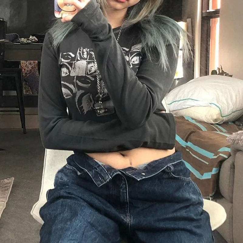 

Женская короткая футболка в стиле ретро с принтом глаз, Весенняя футболка с рисунком феи и гранж, винтажная Эстетическая одежда в стиле инди...