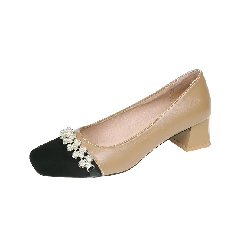 2023 Spring And Autumn New French Square Headed Thick Heels and Shallow Mouth Colored Beaded Thick Heels for Women Shoes