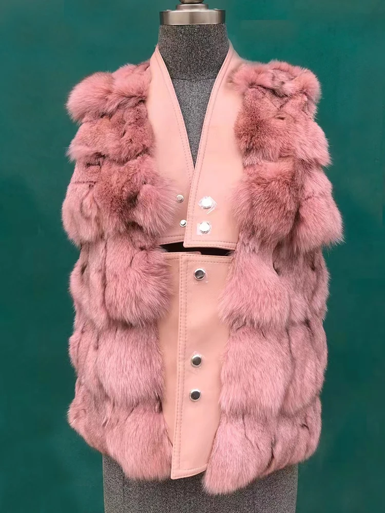 FURYOUME 2022 Winter New Natural Fox Fur Sleeveless Vest V-neck Women Real Fox Fur Coat Short Stylish Jacket Thick Warm Parka
