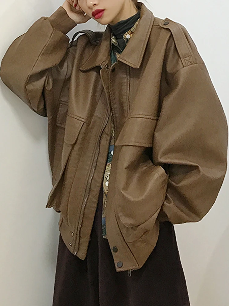 

Winter Black Oversize Leather Jacket Women Korean Streetwear Vintage Pu Zipper Biker Jacket Female Autumn Warm Pocket Loose Coat