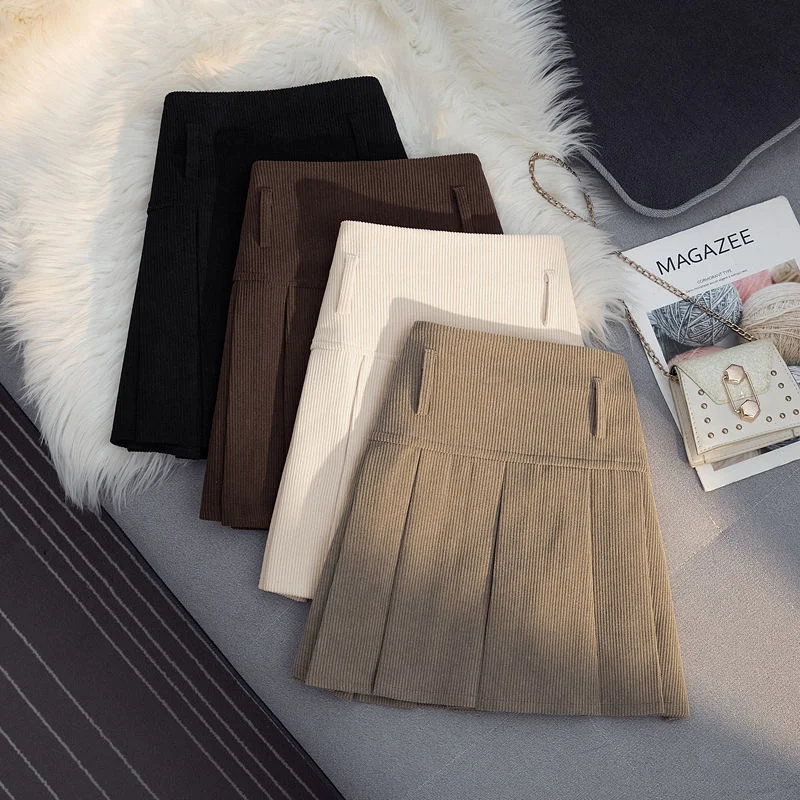 

Retro Corduroy Skirt Women's 2023 Autumn and Winter New High Waist Korean Version Kawaii Patchwork Pleated A-line Miniskirt