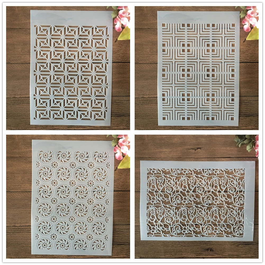 

4Pcs A4 29cm Geometry Square Texture DIY Layering Stencils Wall Painting Scrapbook Coloring Embossing Album Decorative Template