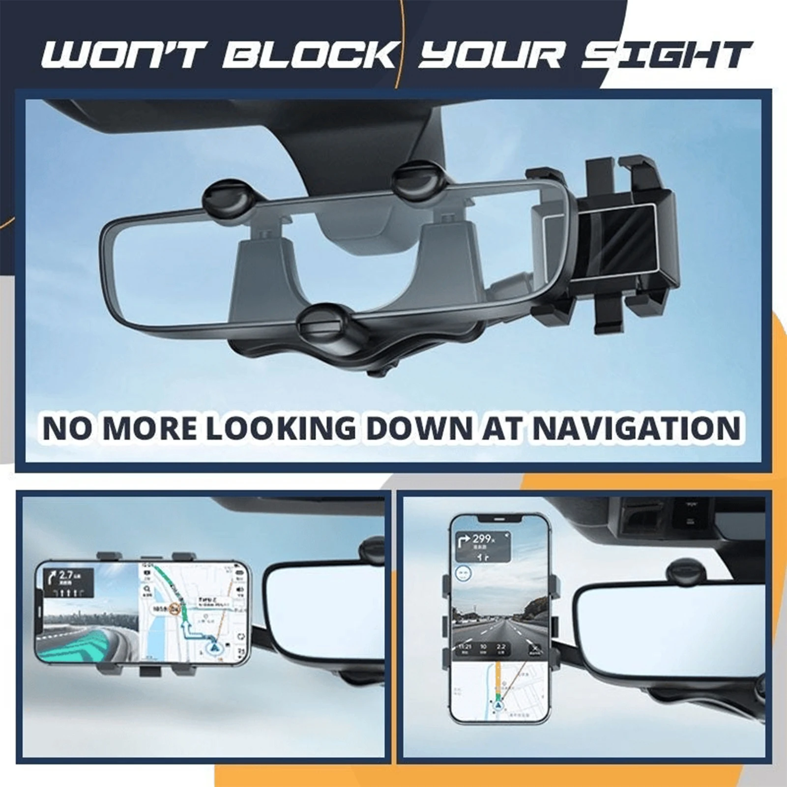 360° Rearview Mirror Phone Holder for Car Mount Phone and GPS Holder Universal Rotating Adjustable Telescopic Car Phone Holder