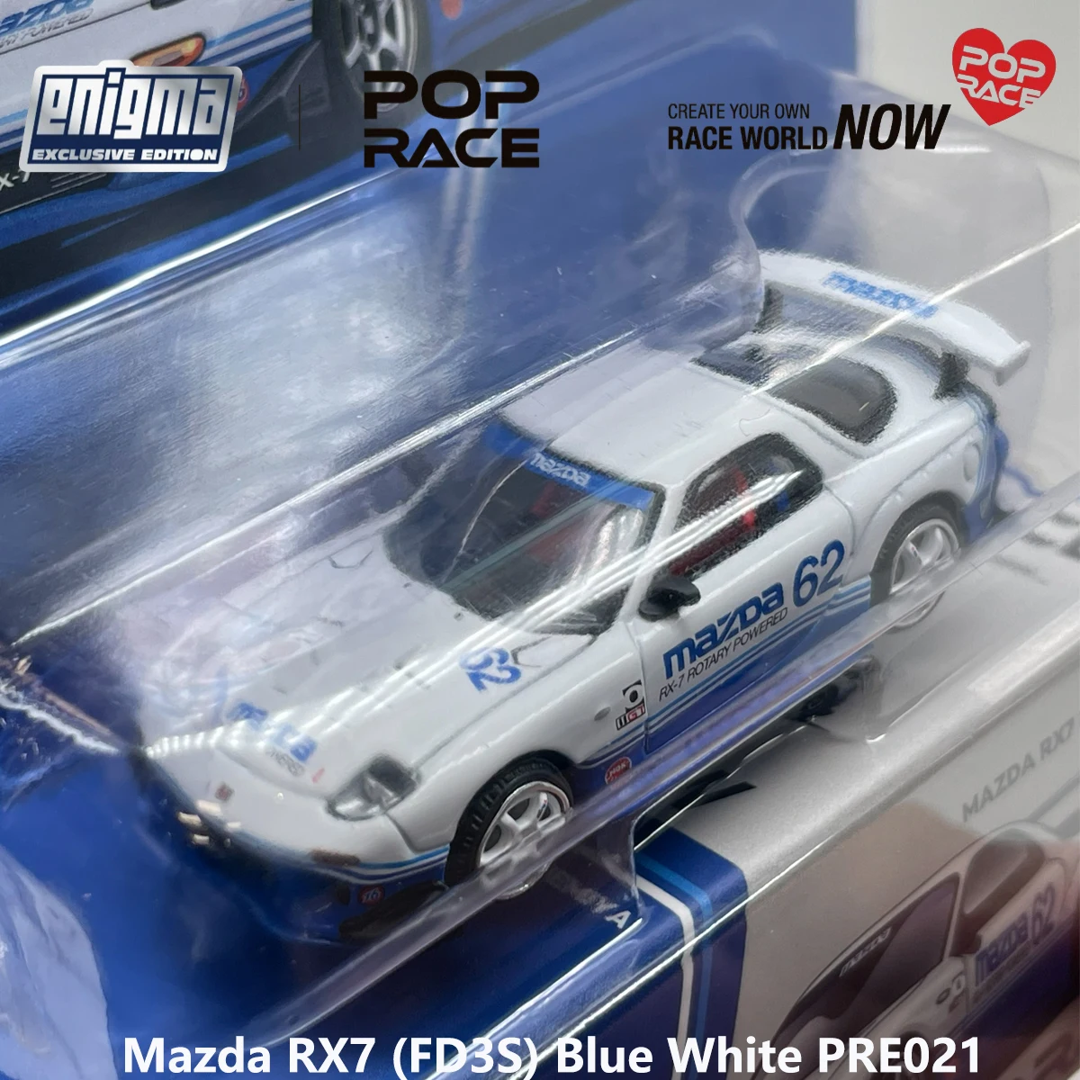 Фото Блистерная упаковка Pop Race PRE021 1:64 Mazda RX7 FD3S RE-Amemiya # 62 эксклюзивных коллекционных моделей автомобилей Enigma в сине-белом цвете, из сплава, JDM №4