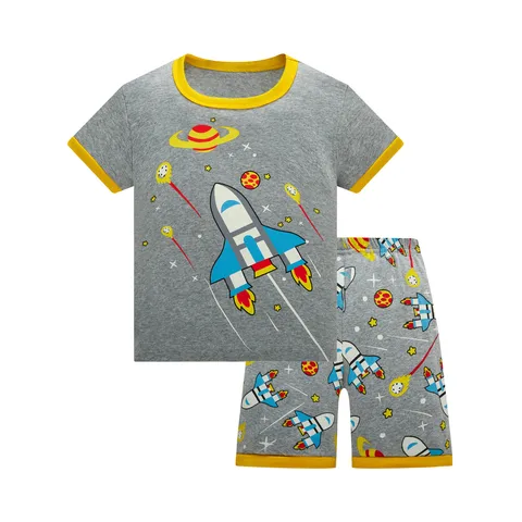 Пижамный комплект детский летний с коротким рукавом, одежда для сна с рисунком ракеты, мультяшная Пижама для мальчиков, комплект ночной одежды