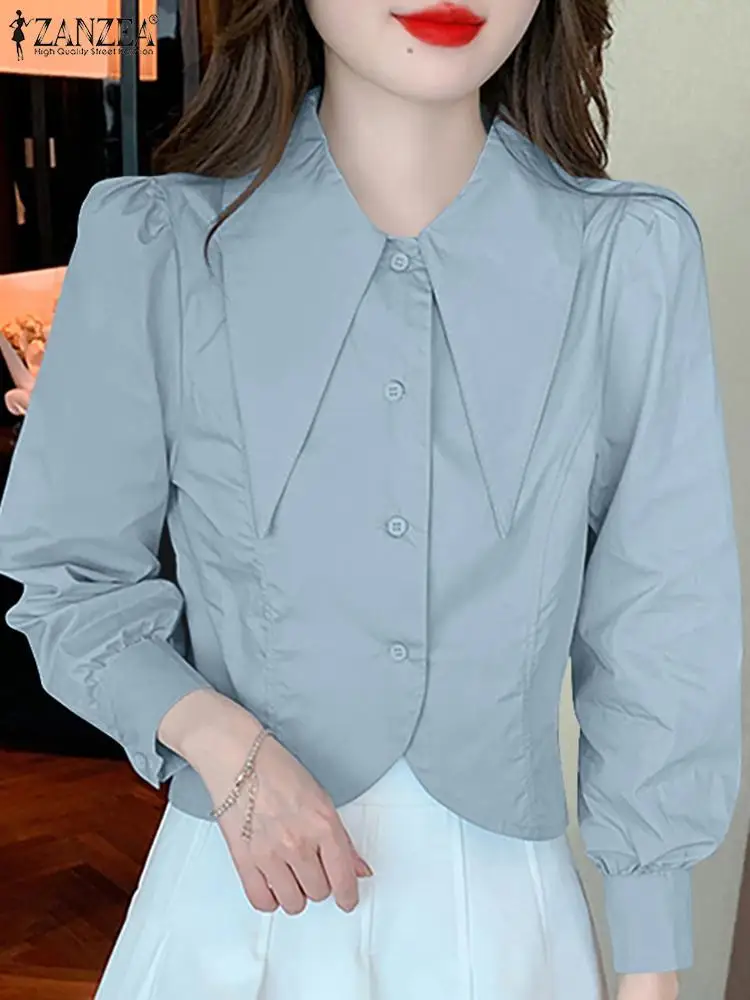 

Осенняя рубашка ZANZEA с длинным рукавом, элегантная женская однотонная блузка с воротником с отворотом, Женская модная Повседневная Блузка на пуговицах