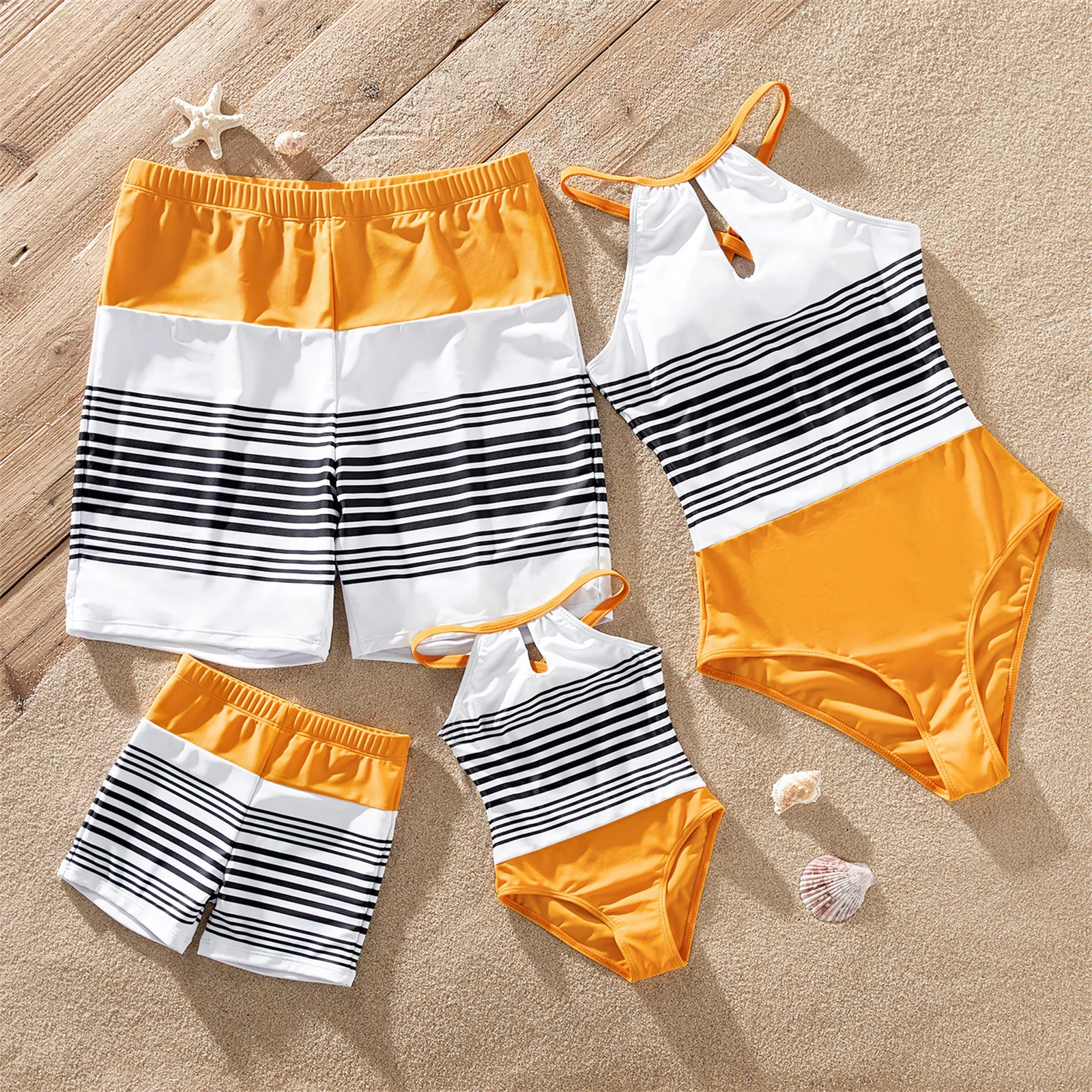 

PatPat Family Matching Swimsuit Striped Colorblock Halter Neck Cut Out One-piece Swimsuit or Swim Trunks Shorts
