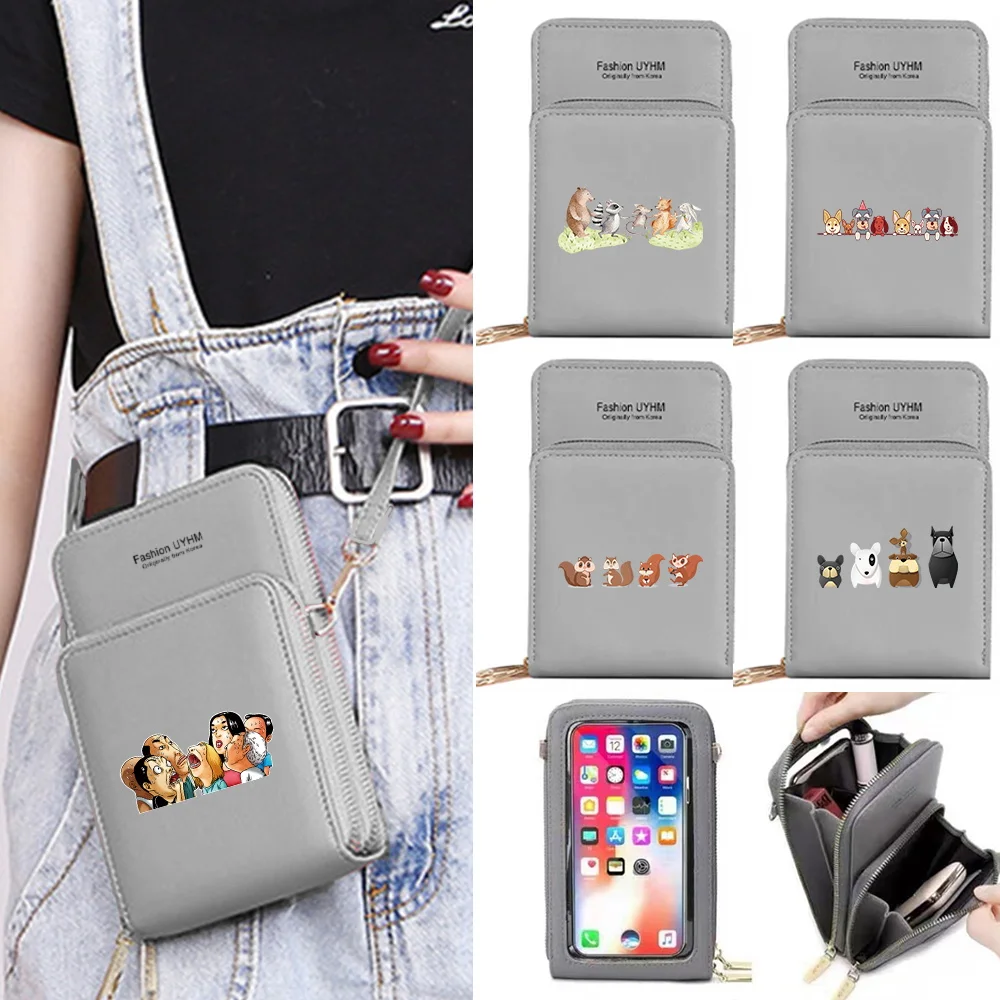 

Women Touch Screen Mobile Phone Bag Simple PU Leather Cartoon Print Wallet Ladies Messenger Shoulder Handbag Fashion Purse Bag