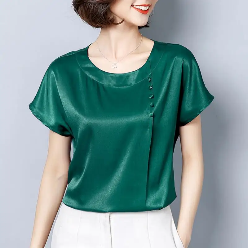 

Summer new plus size women's loose Blouse tops temperament elegant fashion silk slim short-sleeved round neck silk shirt 4XL